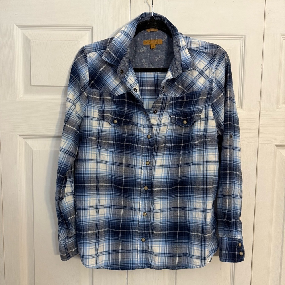 Jachs Girlfriend Blue and White Plaid Flannel 100% Cotton Button Down Shirt M